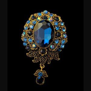 Vintage Style Gold Tone Blue Rhinestone 2.75" Brooch Pin